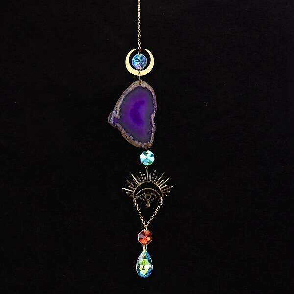 Natural Amethyst Piece & Metal Evil Eye Moon Hanging Ornaments