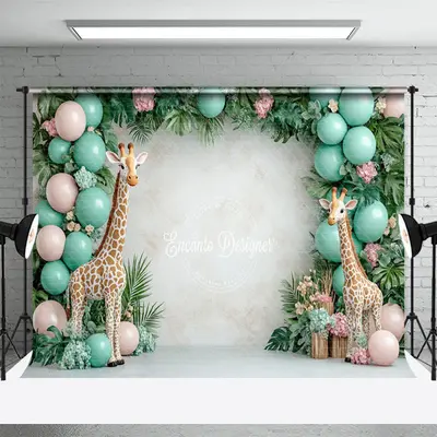 Aperturee Safari Giraffe Green Balloons Cake Smash Backdrop, 3X2FT(1MX0.6M), 14 USD, birthday cake smash backdrops, ENHD1J61-...