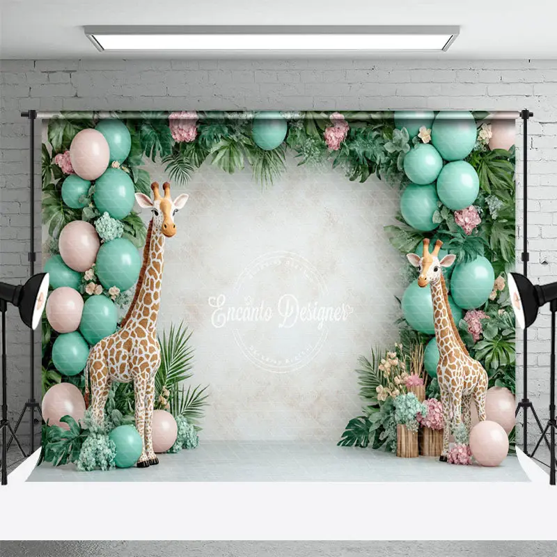 Aperturee Safari Giraffe Green Balloons Cake Smash Backdrop, 3X2FT(1MX0.6M), 14 USD, birthday cake smash backdrops, ENHD1J61-...