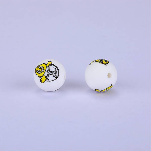 Printed Round with Chick Pattern Silicone Focal Beads