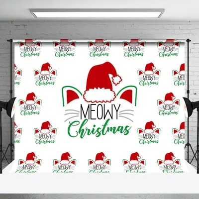White Santa Cat Step Repeat Meowy Christmas Backdrop - Aperturee