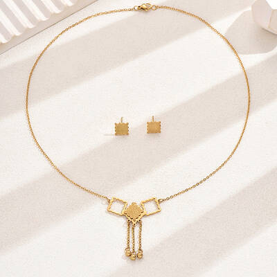 Elegant Vintage Square Stainless Steel Earrings & Necklace Set for Women