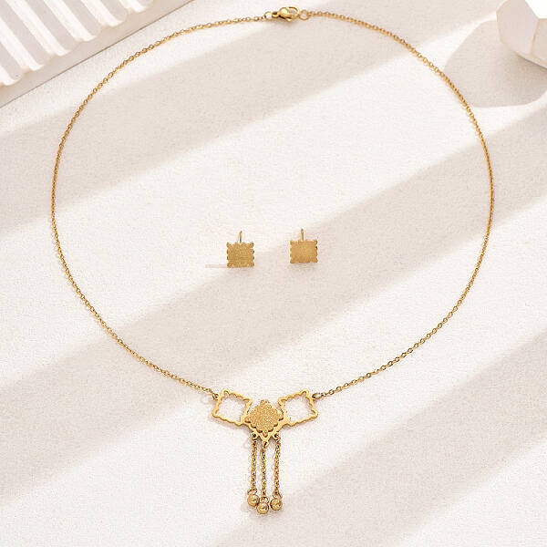Elegant Vintage Square Stainless Steel Earrings & Necklace Set for Women