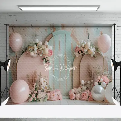 Retro Wall Green Pink Floral Cake Smash Backdrop - Aperturee