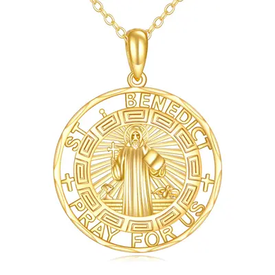 14K Gold St Benedict Medal Pendant Necklace