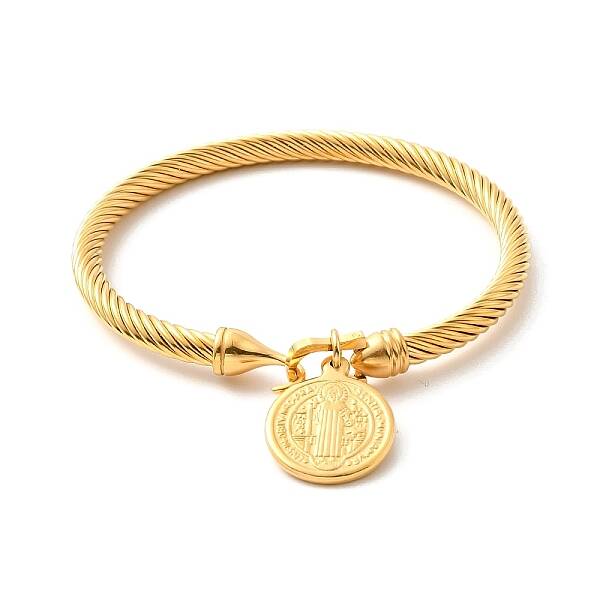 Ion Plating(IP) 304 Stainless Steel Saint Benedict Charms Twist Rope Bangle for Women