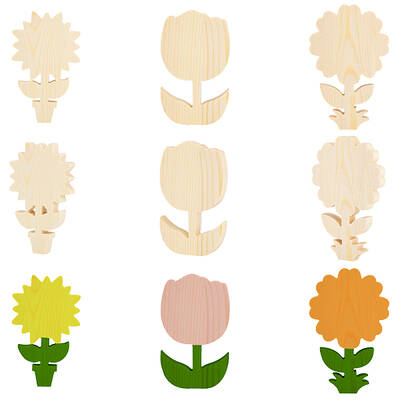 9Pcs 3 Styles Unfinished Wood Flower Ornaments