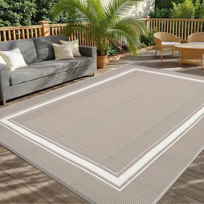 Garvee Waterproof Outdoor Rug 10x20 Reversible Plastic Straw Rug Carpet Modern Bordered Outdoor Camping Mat Outside Large Flo...