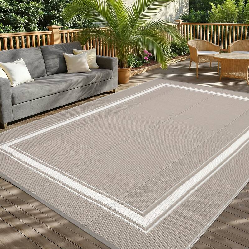Garvee Waterproof Outdoor Rug 10x20 Reversible Plastic Straw Rug Carpet Modern Bordered Outdoor Camping Mat Outside Large Flo...