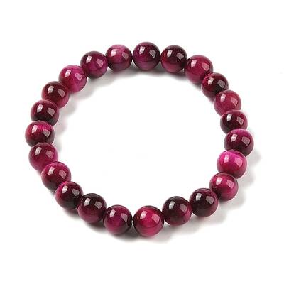 8mm Round Dyed Natural Magenta Tiger Eye Beaded Stretch Bracelets for Women Men