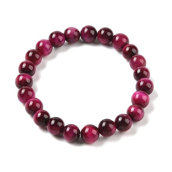 8mm Round Dyed Natural Magenta Tiger Eye Beaded Stretch Bracelets for Women Men