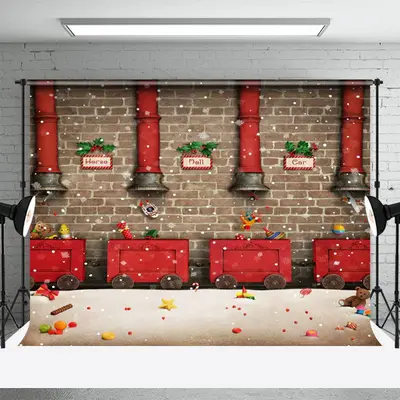 Red Train Gifts Brick Wall Christmas Photo Backdrop - Aperturee