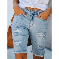 Women's Stretchy Ripped Denim Bermuda Shorts, Casual Style, Frayed Hem, Light Wash Jean Shorts Jorts Single Button Roll Hem D...