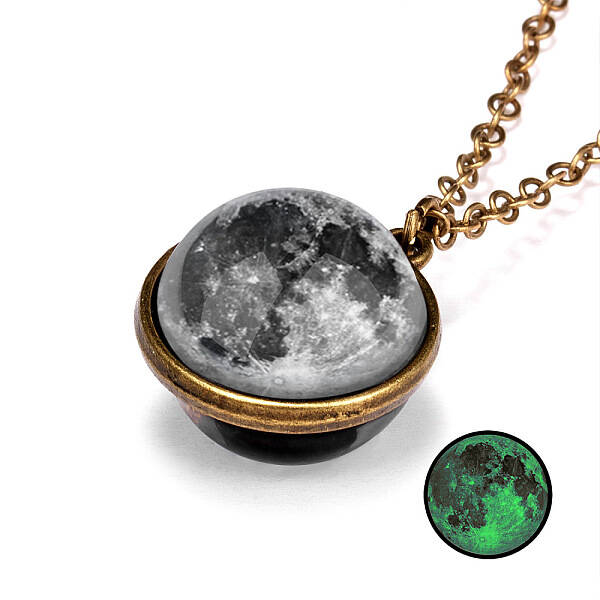 Luminous Glass Planet Pendant Necklace with Antique Golden Alloy Chains