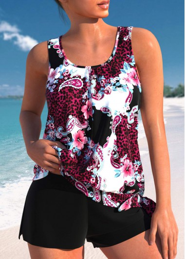 Modlily Bowknot Mid Waisted Floral Print Black Tankini Set - S
