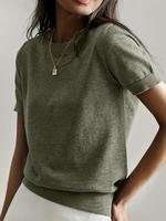 Women's Solid Color Crew Neck Short Sleeve Sweater, Casual Fitted Basic Knit Pullover for Spring & Fall, Fashion Women's Knit...