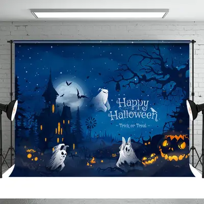 Scary Night Ghost Castle Pumpkin Halloween Backdrop - Aperturee