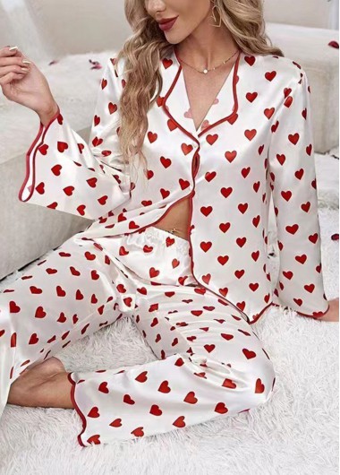 Modlily Red Heart Print Long Sleeve Lounge Top and Pants - S