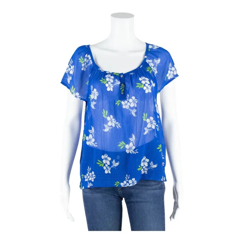 HOLLISTER Blouse Blue Floral Short Sleeve Womens L