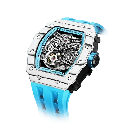 TSAR BOMBA Men's Automatic Watch | Carbon Fiber Luxury Skeleton Wristwatch | White Blue | Elemental TB8208CF | Tonneau Mechan...