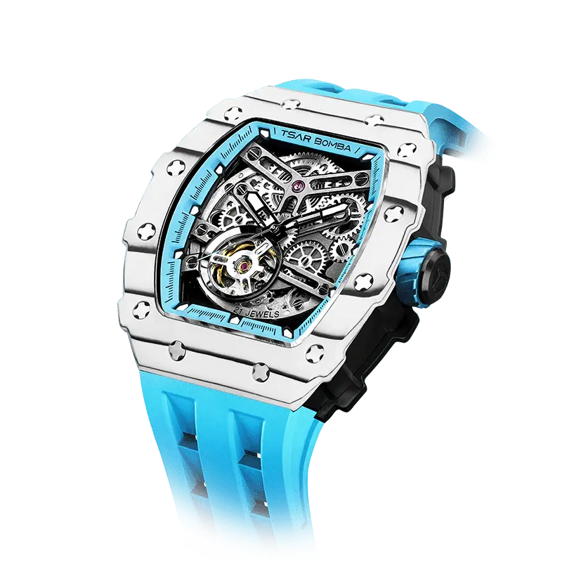 TSAR BOMBA Men's Automatic Watch | Carbon Fiber Luxury Skeleton Wristwatch | White Blue | Elemental TB8208CF | Tonneau Mechan...