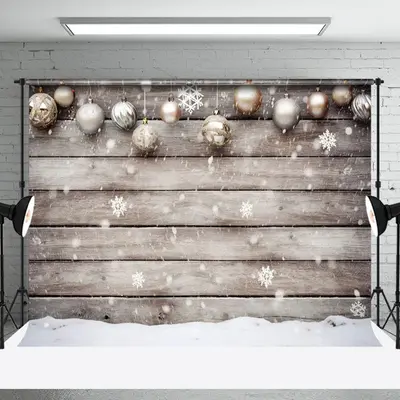 Aperturee Golden White Christmas Ball Snow Warm Wood Backdrop