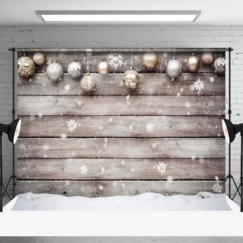 Aperturee Golden White Christmas Ball Snow Warm Wood Backdrop