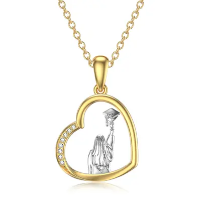 14K Gold Two-Tone Cubic Zirconia Heart & Trencher Cap Pendant Necklace For Women