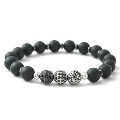 Natural Black Agate & Synthetic Hematite & Cubic Zirconia Round Beaded Stretch Bracelet