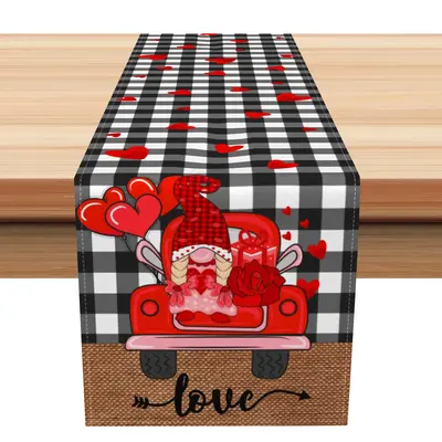 Aperturee Black White Plaid Truck Valentines Day Table Runner | Patterned Table Runner | Personalized Table Runners | Seasona...