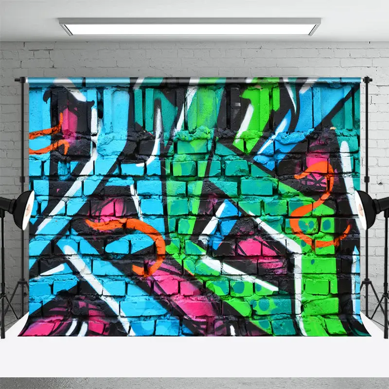 Green Blue Pink Brick Graffiti Wall Photo Backdrop - Aperturee