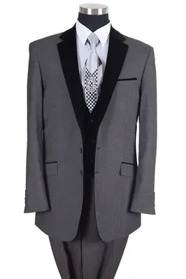 Grey Modern Fit Tuxedo Suit with Black Velvet Lapel & Vest for Men