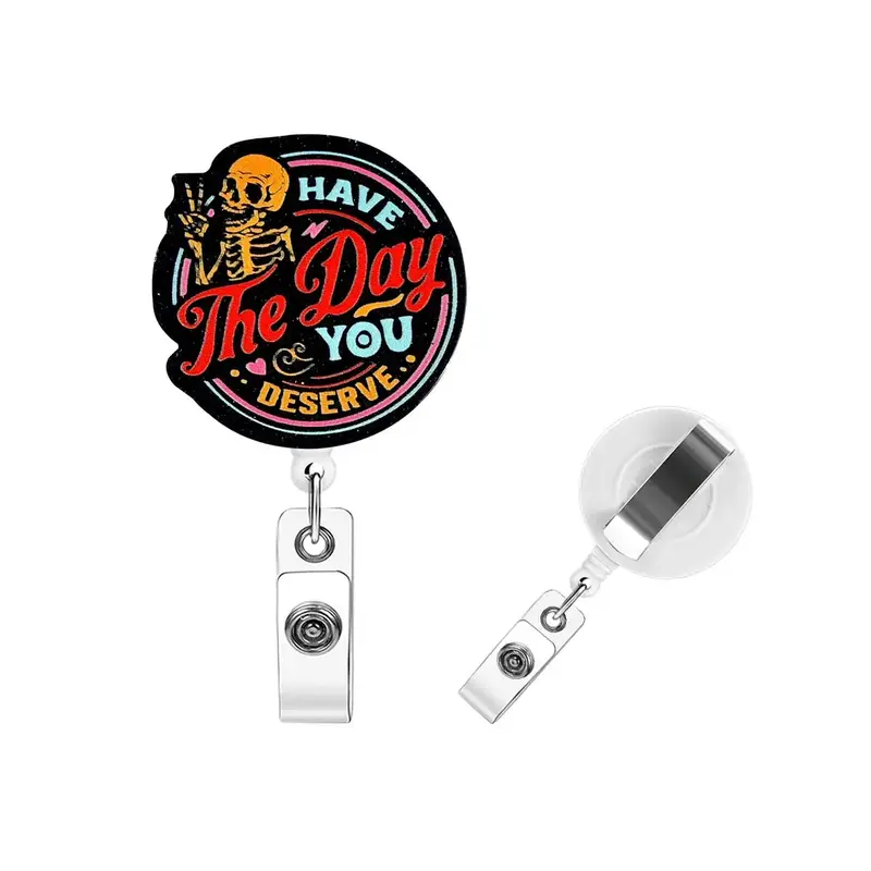 Skull & Letter Pattern ID Card Badge Holder, 1 Count Retractable Badge Reel, ID Card Badge Buckle for Nurse, Student, Worker,...