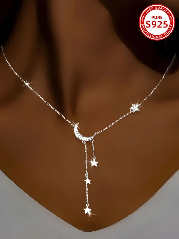925 Sterling Silver Women's Elegant Star & Moon Design  Necklace, Exquisite Trendy Pendant Necklace, Chic Jewelry As Gift for...