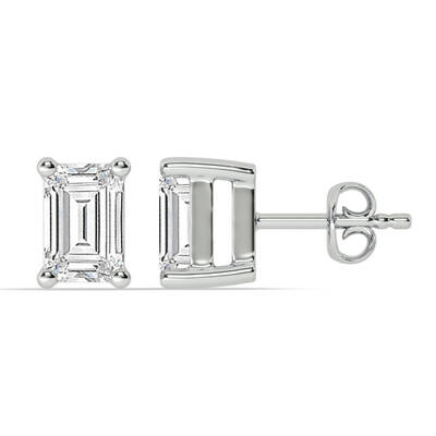 Certified Lab Grown Four Prong Emerald Cut Diamond Stud Earring | 14K White Gold 3 ct. tw.