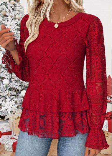 Modlily Red Patchwork Long Sleeve Round Neck Blouse - L