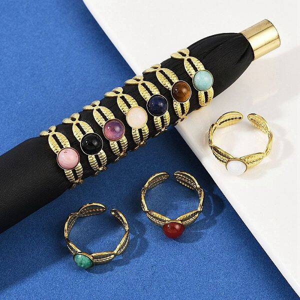 316 Stainless Steel with Natural Mixed Gemstone Cuff Rings