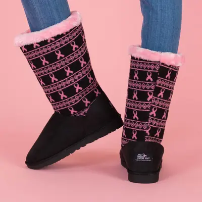 Women's Pink Ribbon Black Knit Boots l Breast Cancer Awareness Shoes - 6