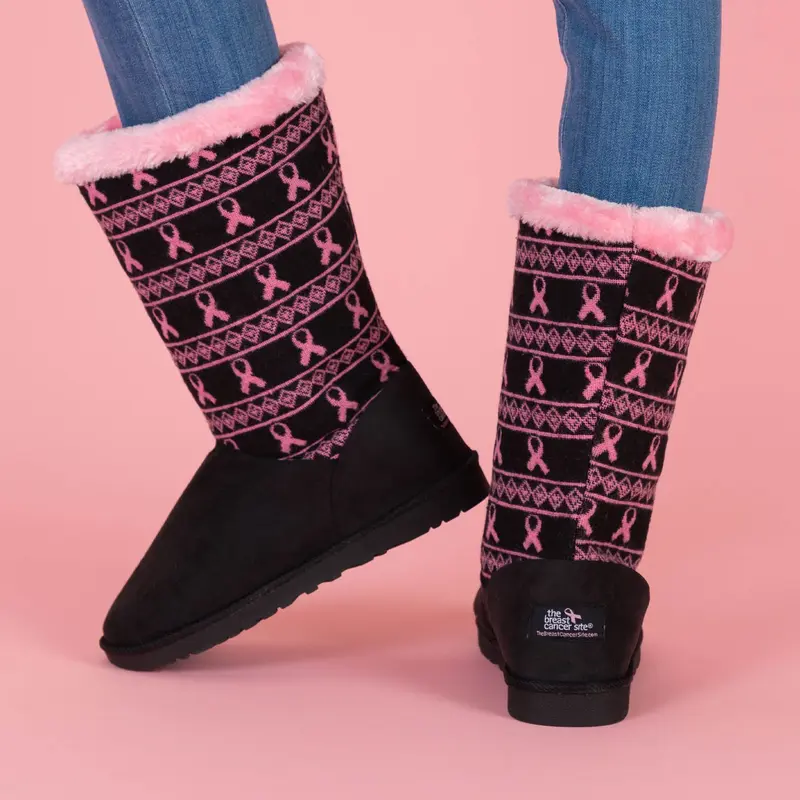 Women's Pink Ribbon Black Knit Boots l Breast Cancer Awareness Shoes - 6