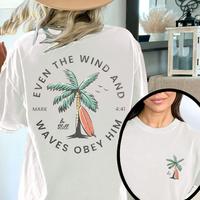 Christian Bible Verse Pattern T Shirt, Beachy Backprint Tops, Trendy Coconut Tree Shirt Unisex Tee Teen Baptism Gift Ocean In...