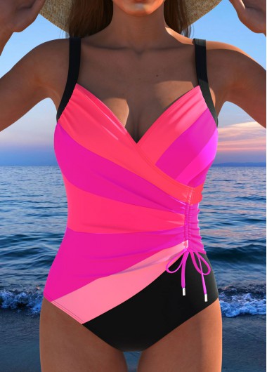 Modlily Drawstring Multi Stripe Print Hot Pink One Piece Swimwear - L