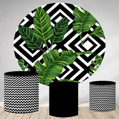 Aperturee Black And White Stripes Round Leaves Birthday Backdrop | Circular Birthday Backdrop Cover | Custom Round Backdrop |...