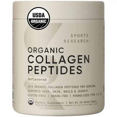 Sports Research Organic Collagen Peptides - USDA Certified Organic Hydrolyzed Type I & III Collagen - Unflavored - 30 Servin...
