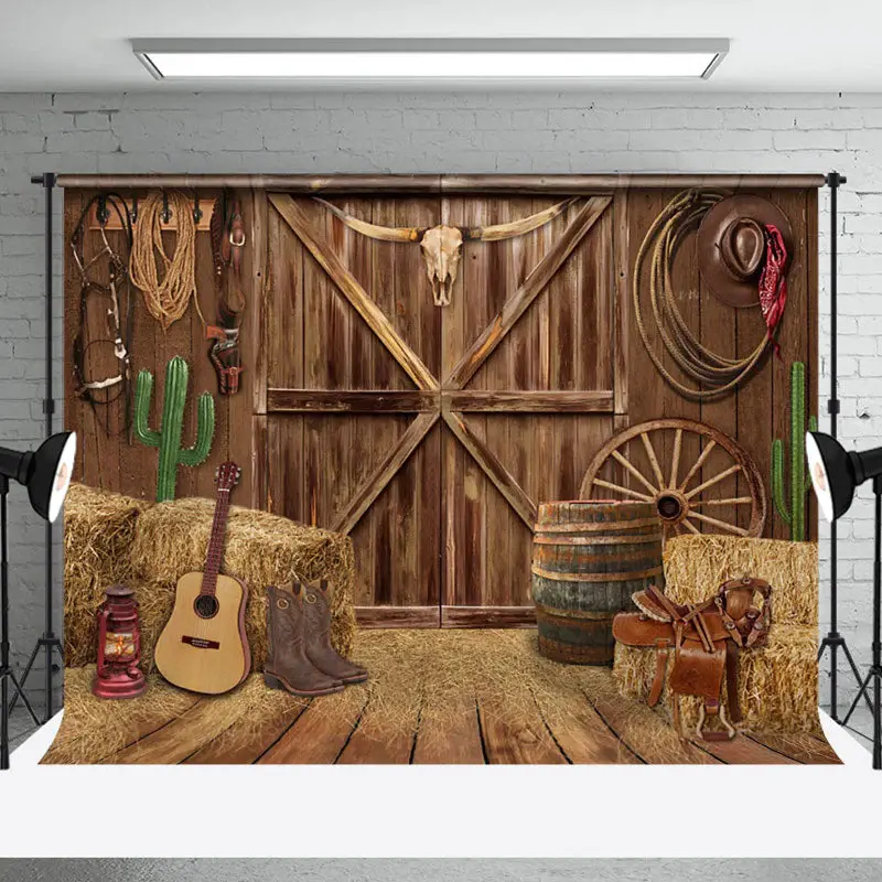 Aperturee Western Cowboy Barn Haystack Guitar Wood Backdrop - Aperturee