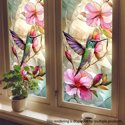 Hummingbird & Flower Pattern Sticker, 1 Sheet Window Decal, Window Decorative Sticker for Home Living Room Bedroom