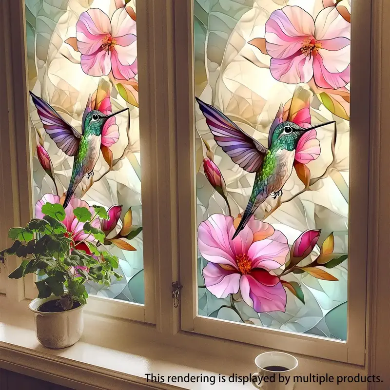 Hummingbird & Flower Pattern Sticker, 1 Sheet Window Decal, Window Decorative Sticker for Home Living Room Bedroom