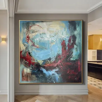 Large Abstract Red Blue Paintings on Canvas Original Blue Wall Art Modern Oil Painting Textured Fine Art for Living Room Wall...