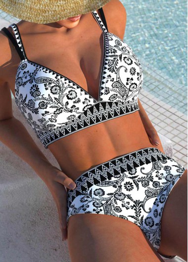 Modlily Patchwork Floral Print Black Bikini Set - XXL