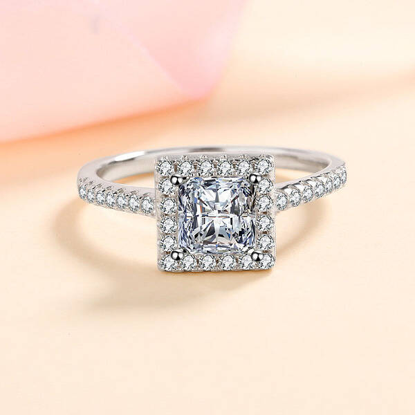 Square Rhodium Plated 925 Sterling Silver Pave 6.5x3.9mm Moissanite Finger Rings for Women