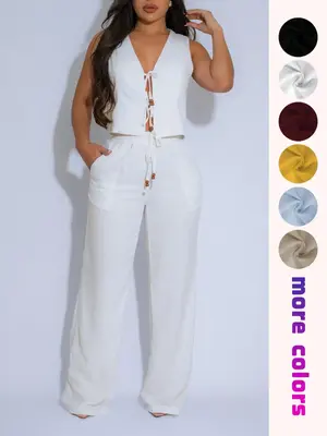 Women's Solid Tank Top & Wide Leg Pants Two-piece Set, Casual Comfy Outfits for Daily Wear, Ladies Summer Clothes